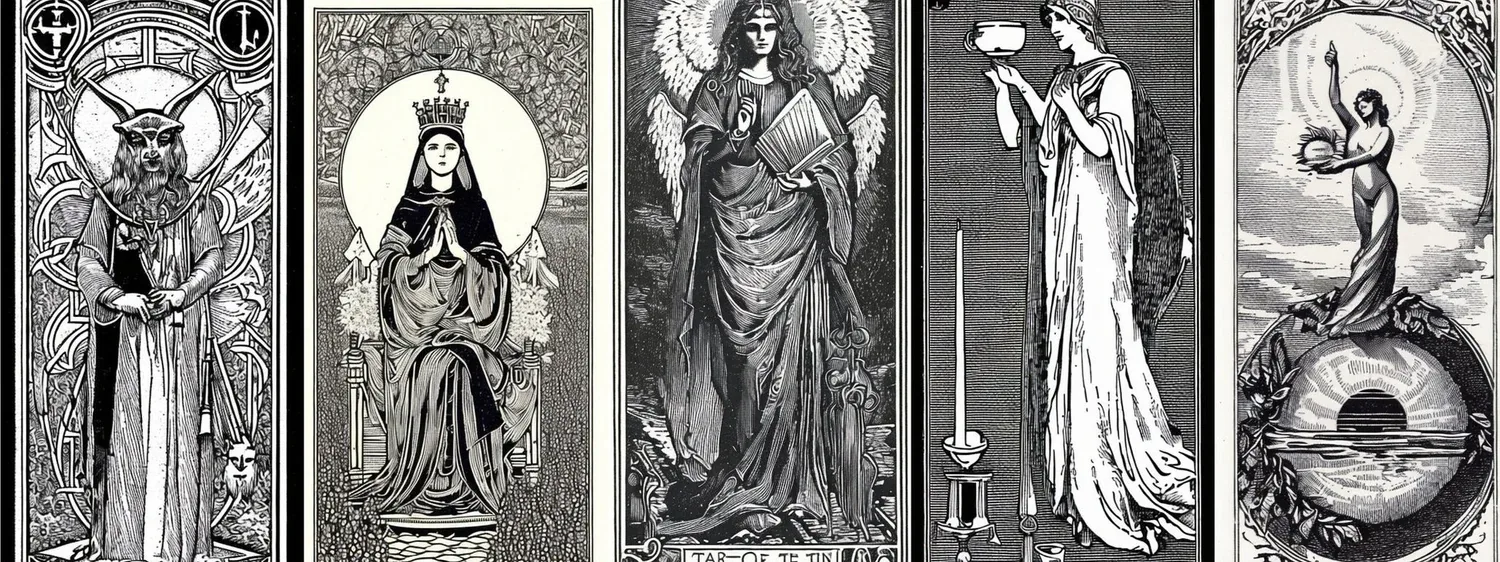 Montage of five tarot card illustrations